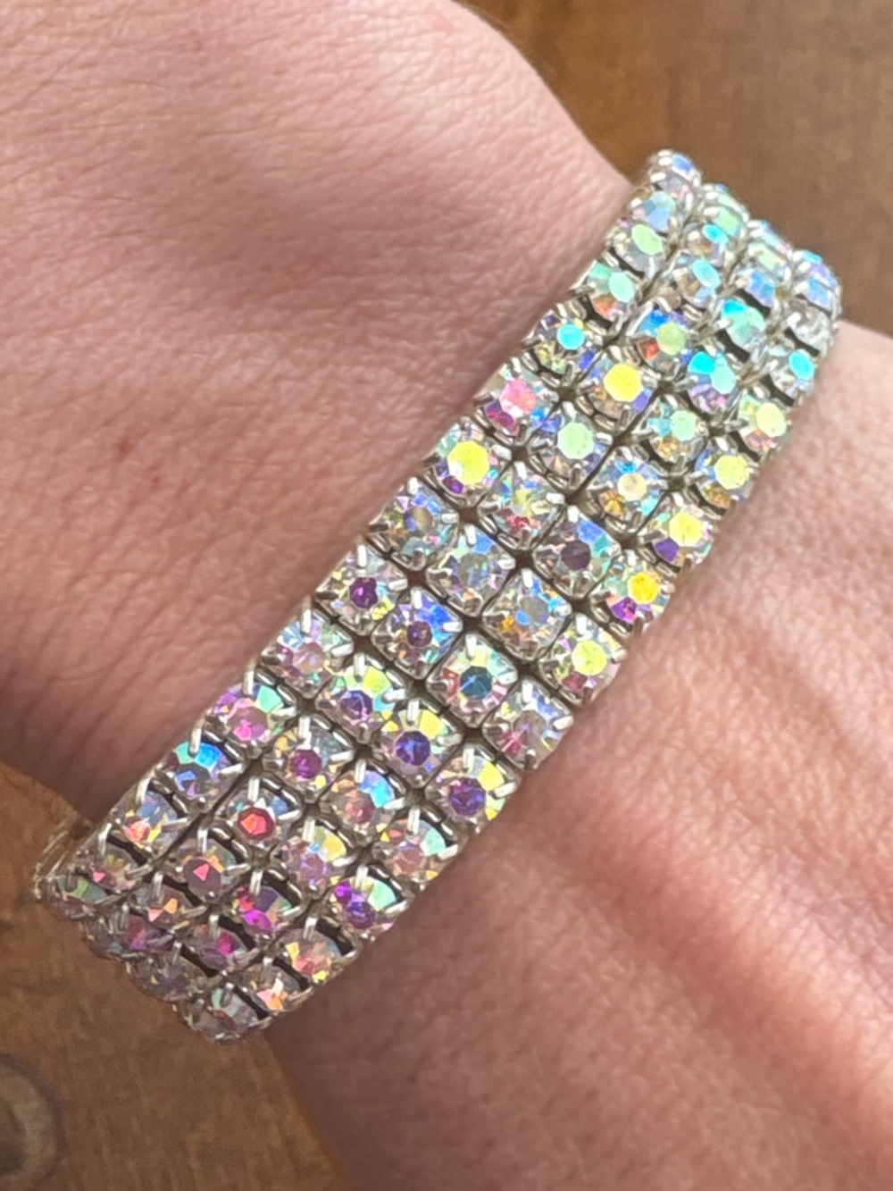 Vintage AB Rhinestone Silvertone Stretch Bracelet aurora borealis crystal
